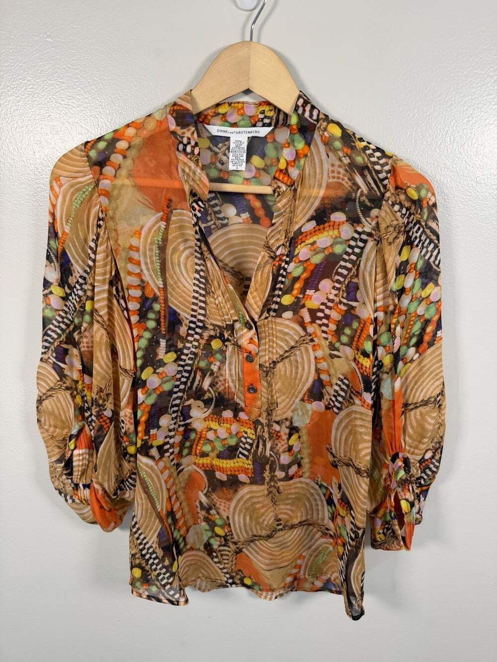 Diane von Furstenberg Syrah Silk Chiffon Blouse Size 0 Orange Abstract Sheer